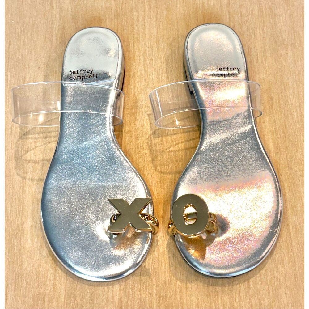 Jeffrey Campbell Metallic Silver Clear XO Toe Ring Slide Sandals Size 7.5